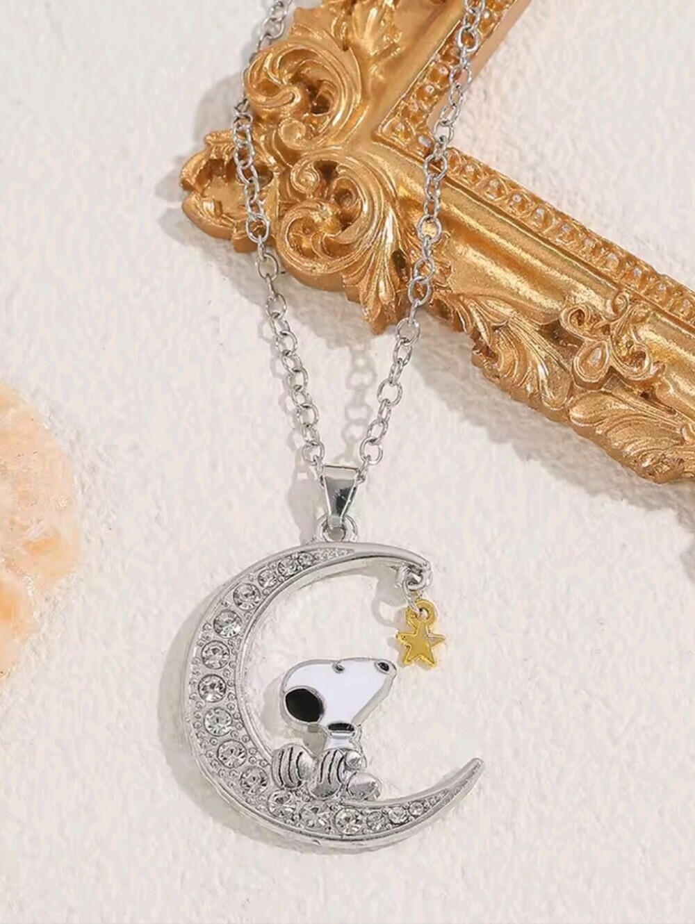 Snoopy Moon & Star Necklace Rhinestone Pendant Silver Tone 60cm Chain